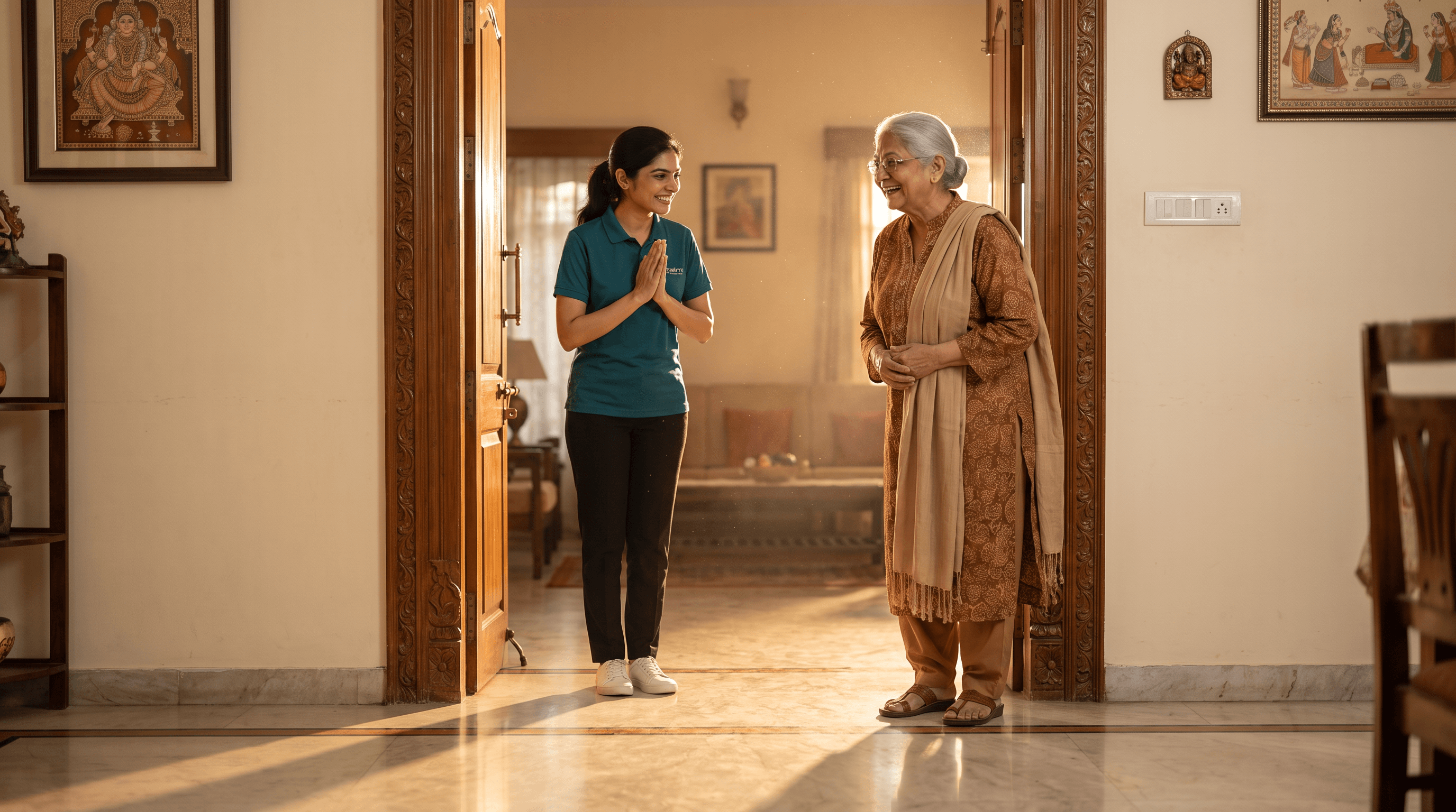 ParentMitra Partner greeting elderly mother with warm smile